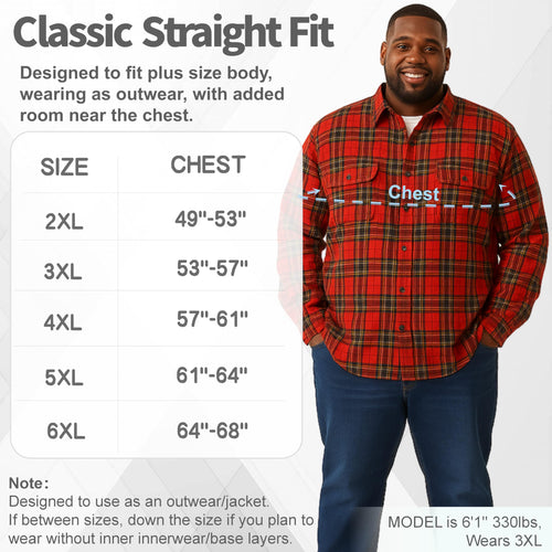 ATONG Big and Tall Flannel Shirts for Men, Button Down Shirt, 8.8oz Thick & Heavy Weight Brushed Flannel. Red-Black.