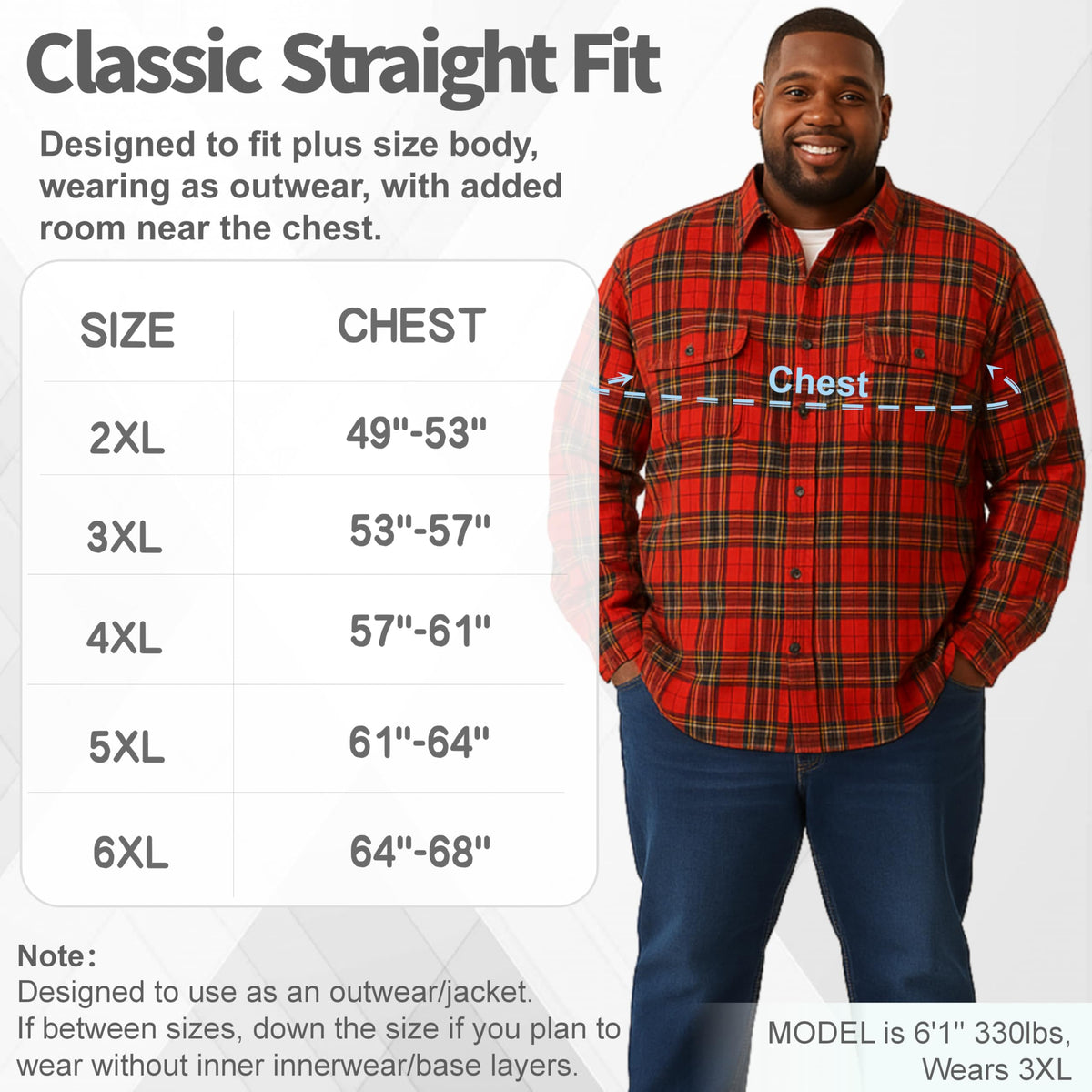 ATONG Big and Tall Flannel Shirts for Men, Button Down Shirt, 8.8oz Thick & Heavy Weight Brushed Flannel. Red-Black.