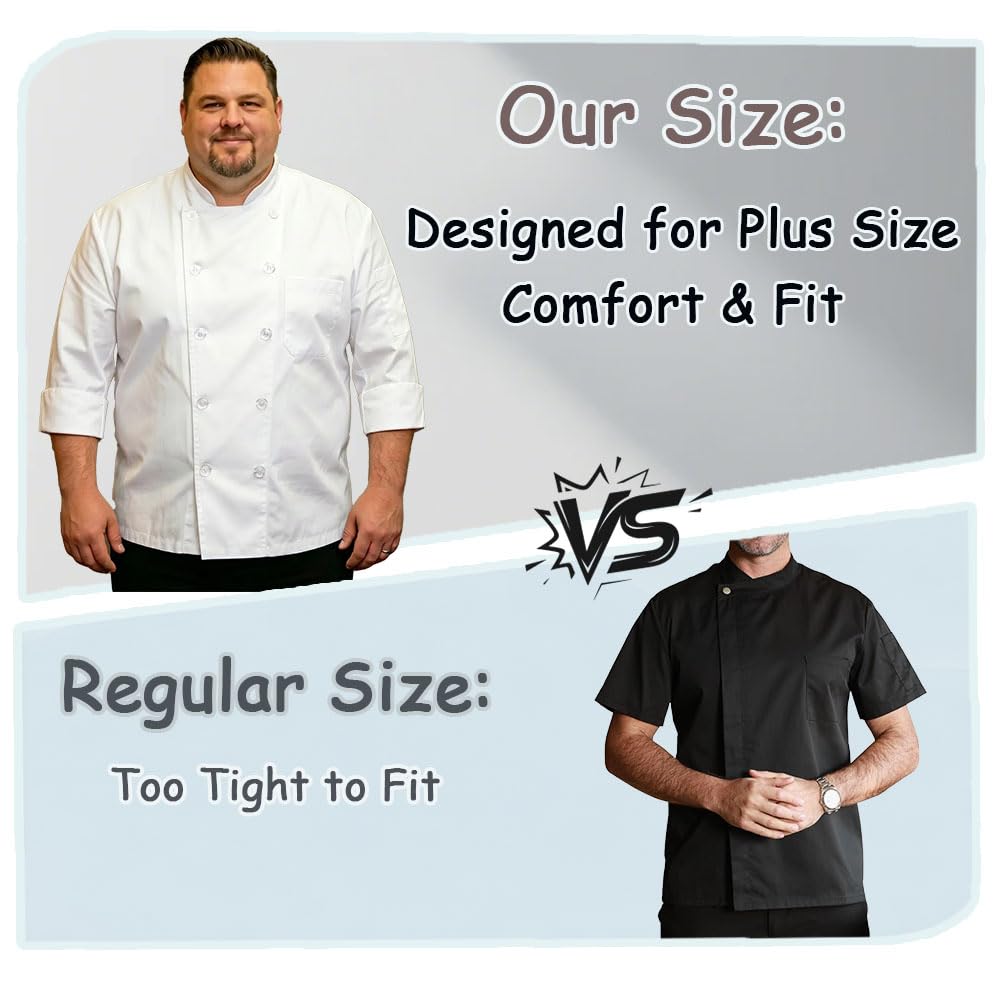 Plus Size Chef Coat Three-Quarter Sleeve for Big and Tall Chef, Camisas de Chef Para Hombre Talla Grande,Big Size Only.
