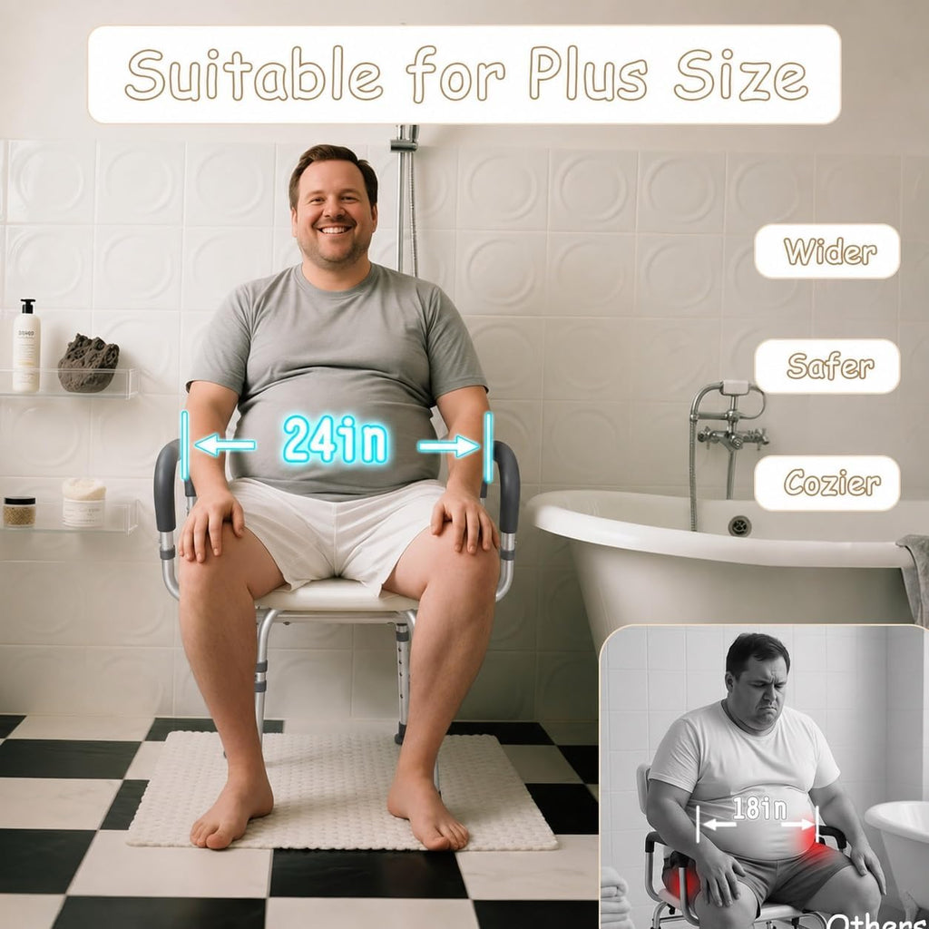 Plus Size Wide Shower Seats for Adults with Arms & Back.SQ | Semi Pre-Assembled, Bath Chairs for Seniors, or Big & Tall Person, 150kg Weight Capacity.