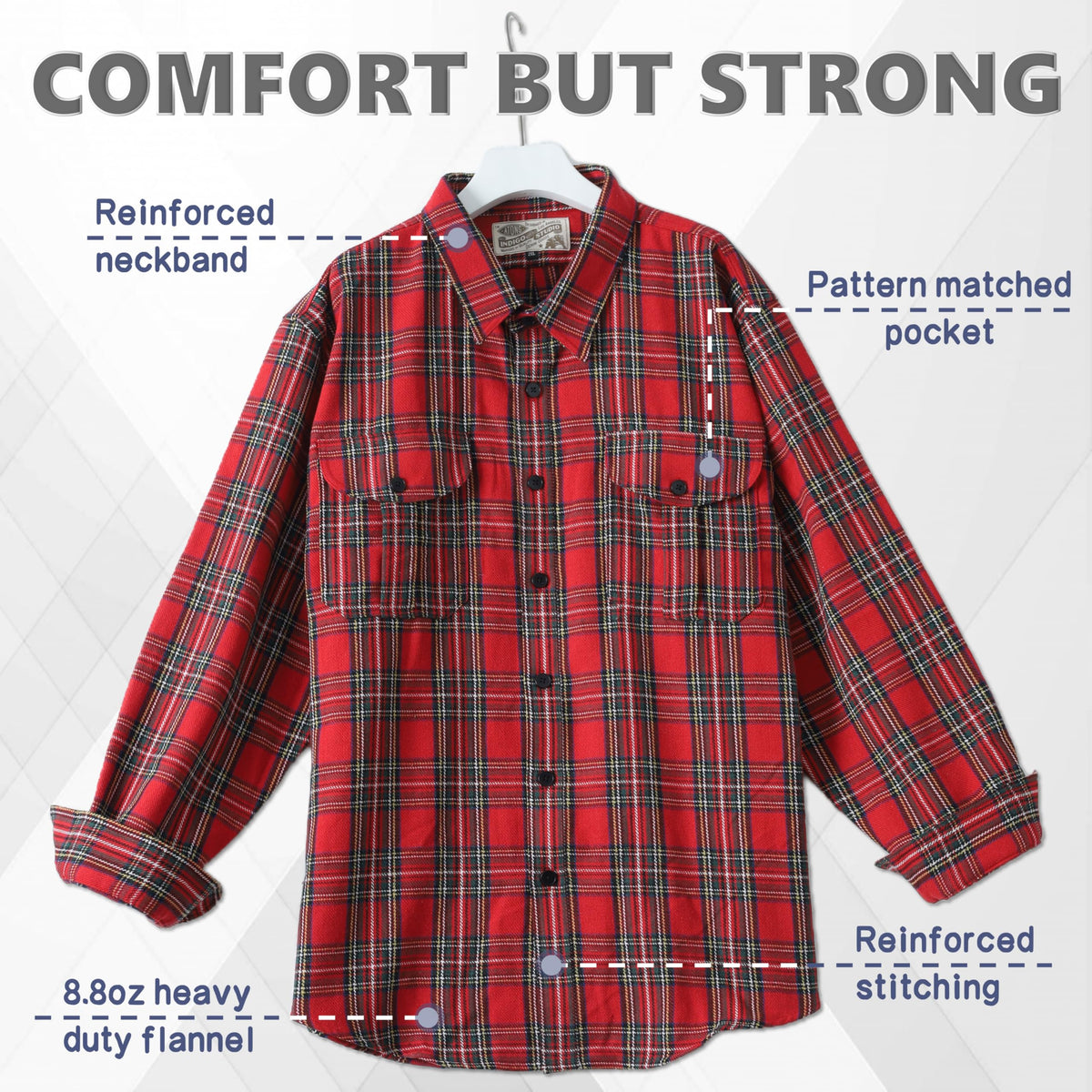 ATONG Big and Tall Flannel Shirts for Men, Button Down Shirt, 8.8oz Thick & Heavy Weight Brushed Flannel. Red-Black.