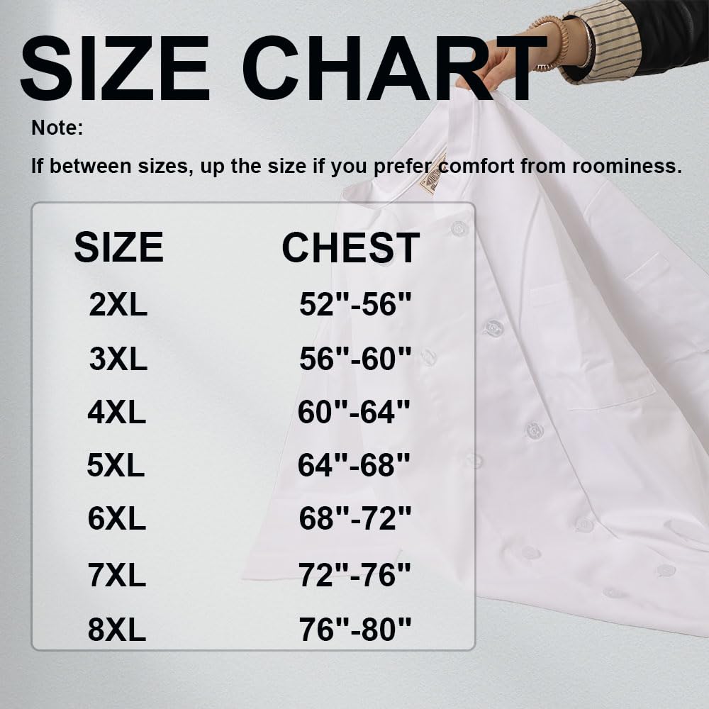 Plus Size Chef Coat Three-Quarter Sleeve for Big and Tall Chef, Camisas de Chef Para Hombre Talla Grande,Big Size Only.
