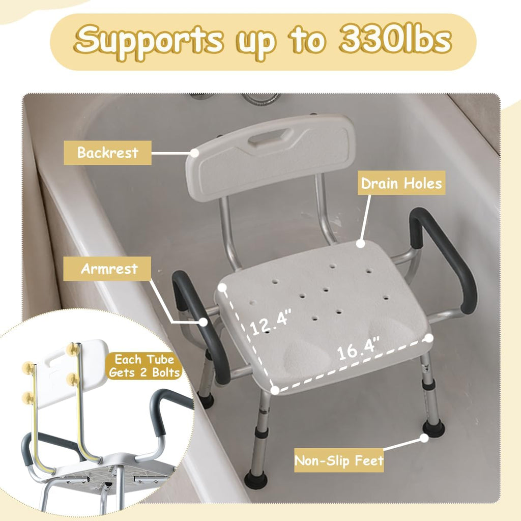 Plus Size Wide Shower Seats for Adults with Arms & Back.SQ | Semi Pre-Assembled, Bath Chairs for Seniors, or Big & Tall Person, 150kg Weight Capacity.