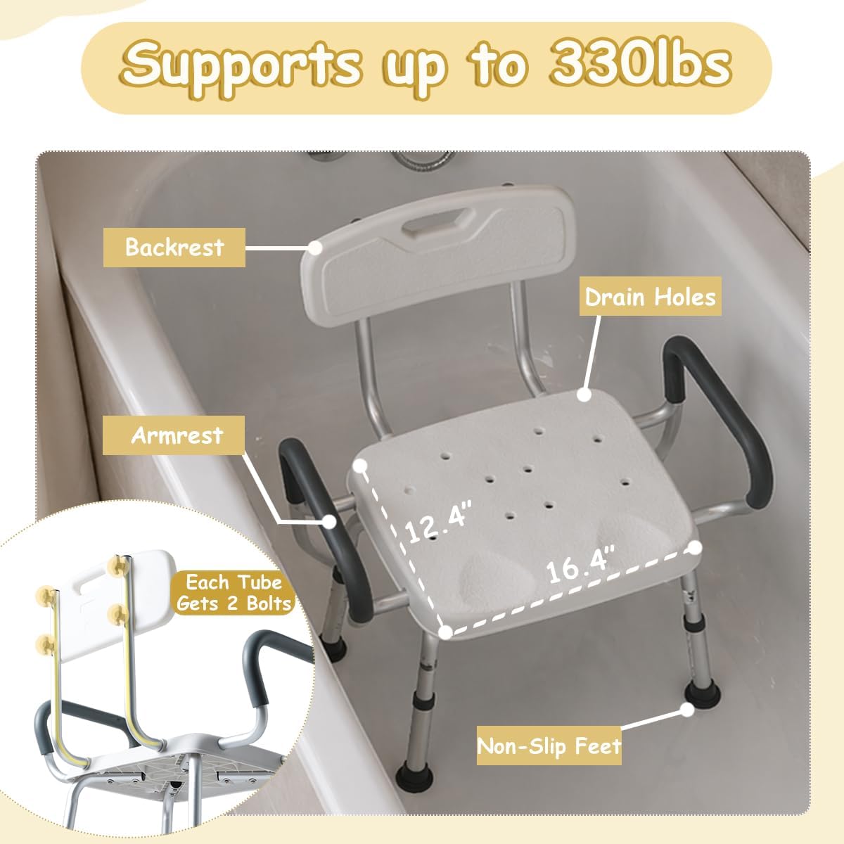 Plus Size Wide Shower Seats for Adults with Arms & Back.SQ | Semi Pre-Assembled, Bath Chairs for Seniors, or Big & Tall Person, 150kg Weight Capacity.