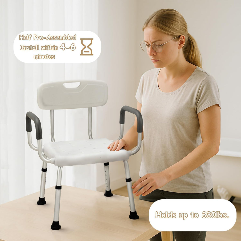 Plus Size Wide Shower Seats for Adults with Arms & Back.SQ | Semi Pre-Assembled, Bath Chairs for Seniors, or Big & Tall Person, 150kg Weight Capacity.
