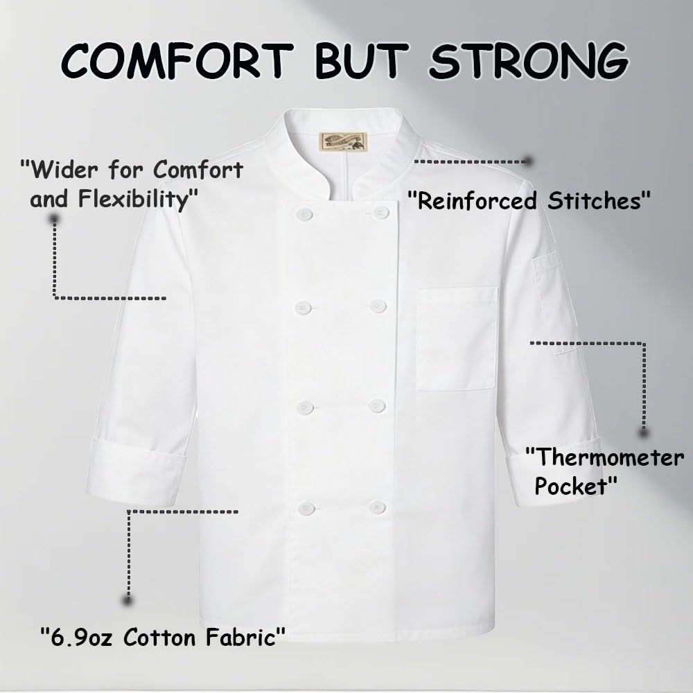 Plus Size Chef Coat Three-Quarter Sleeve for Big and Tall Chef, Camisas de Chef Para Hombre Talla Grande,Big Size Only.