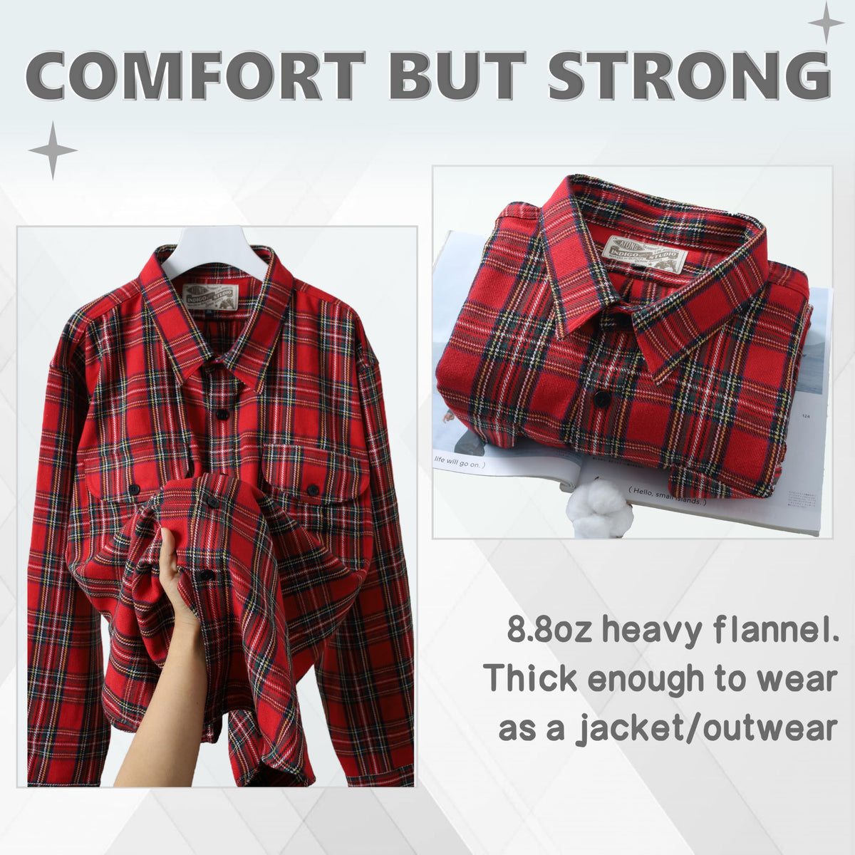 ATONG Big and Tall Flannel Shirts for Men, Button Down Shirt, 8.8oz Thick & Heavy Weight Brushed Flannel. Red-Black.
