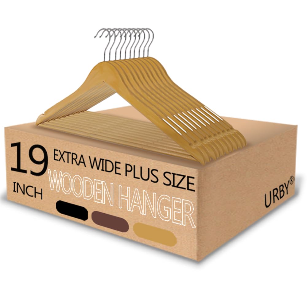 Urby Extra Wide Hangers for Plus Size Clothes, Walnut Wood | Natural Walnut Wood Hangers Ideal for XL & XXL Shirts, Coats, Dresses & Heavy Garments, Real Premium Wood, chrome swivel