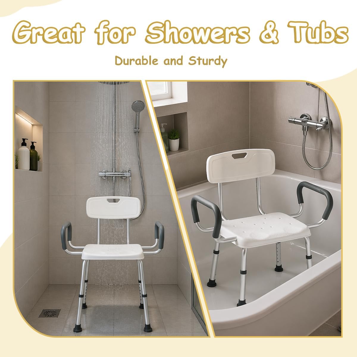 Plus Size Wide Shower Seats for Adults with Arms & Back.SQ | Semi Pre-Assembled, Bath Chairs for Seniors, or Big & Tall Person, 150kg Weight Capacity.