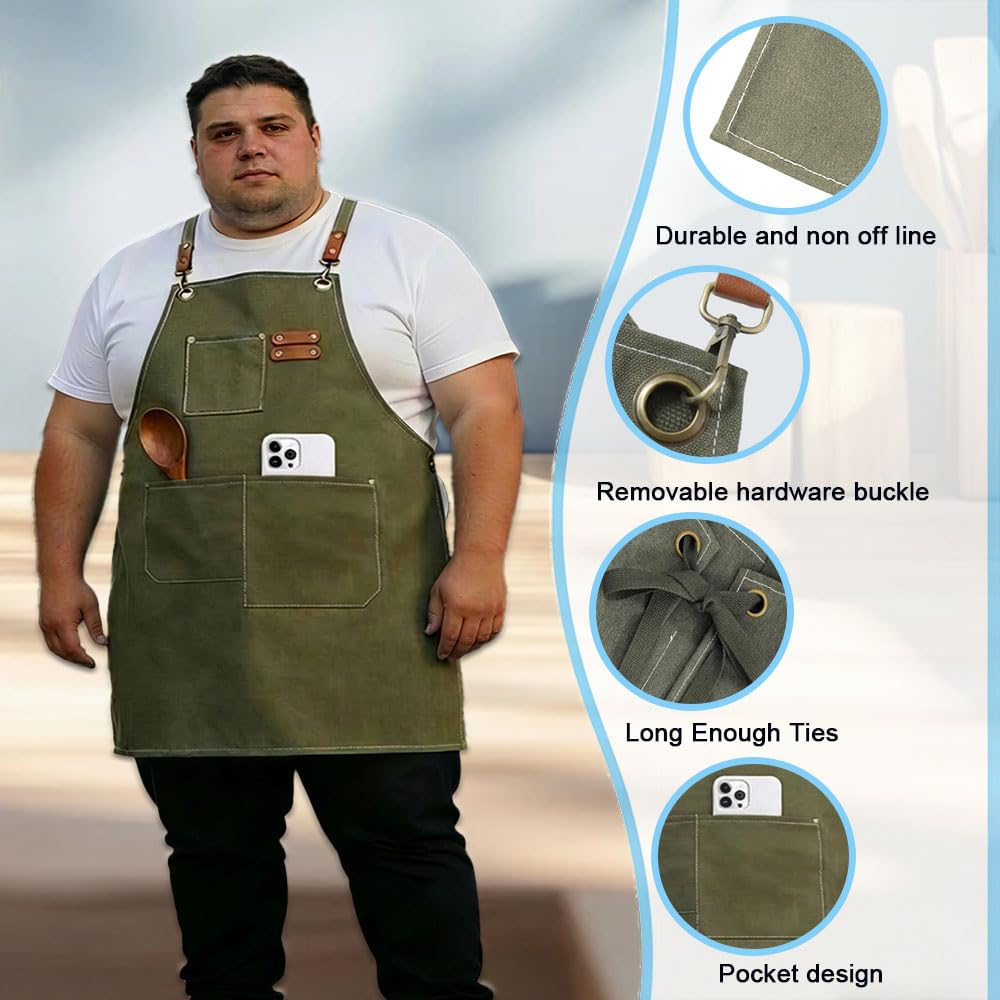 King Mills Plus Size Canvas Workshop Apron for Men, 3 Pockets | Plus Size Fit, Waterproof, Adjustable Strap, Hairstylist, Painting Smock for Adults, Large Pockets for Tools & Supplies