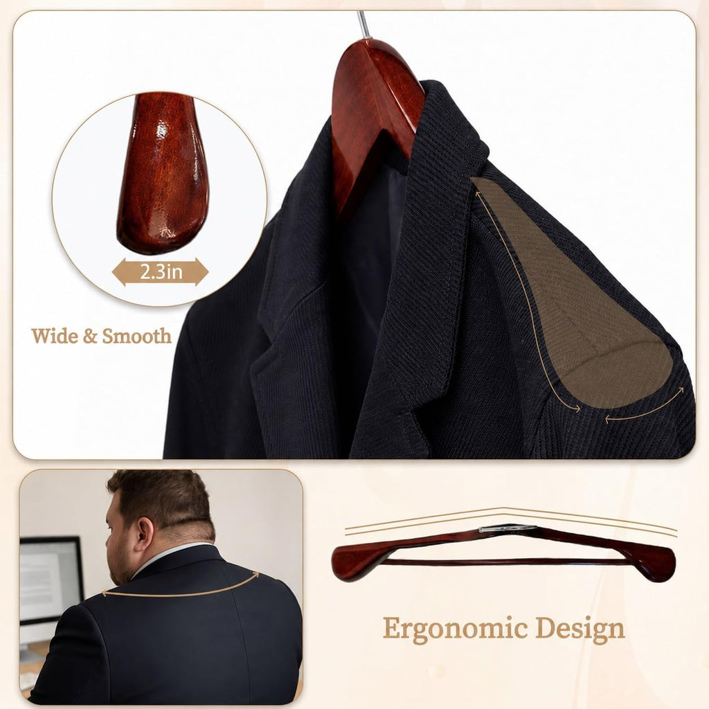 Urby Wide Shoulder Wooden Hangers | For Plus Size Cloth, No Shoulder Bump Design, Non Slip Pants Bar, For XXL Suit, Jackets, Heavy Cloths, Easy-to-Install Hook