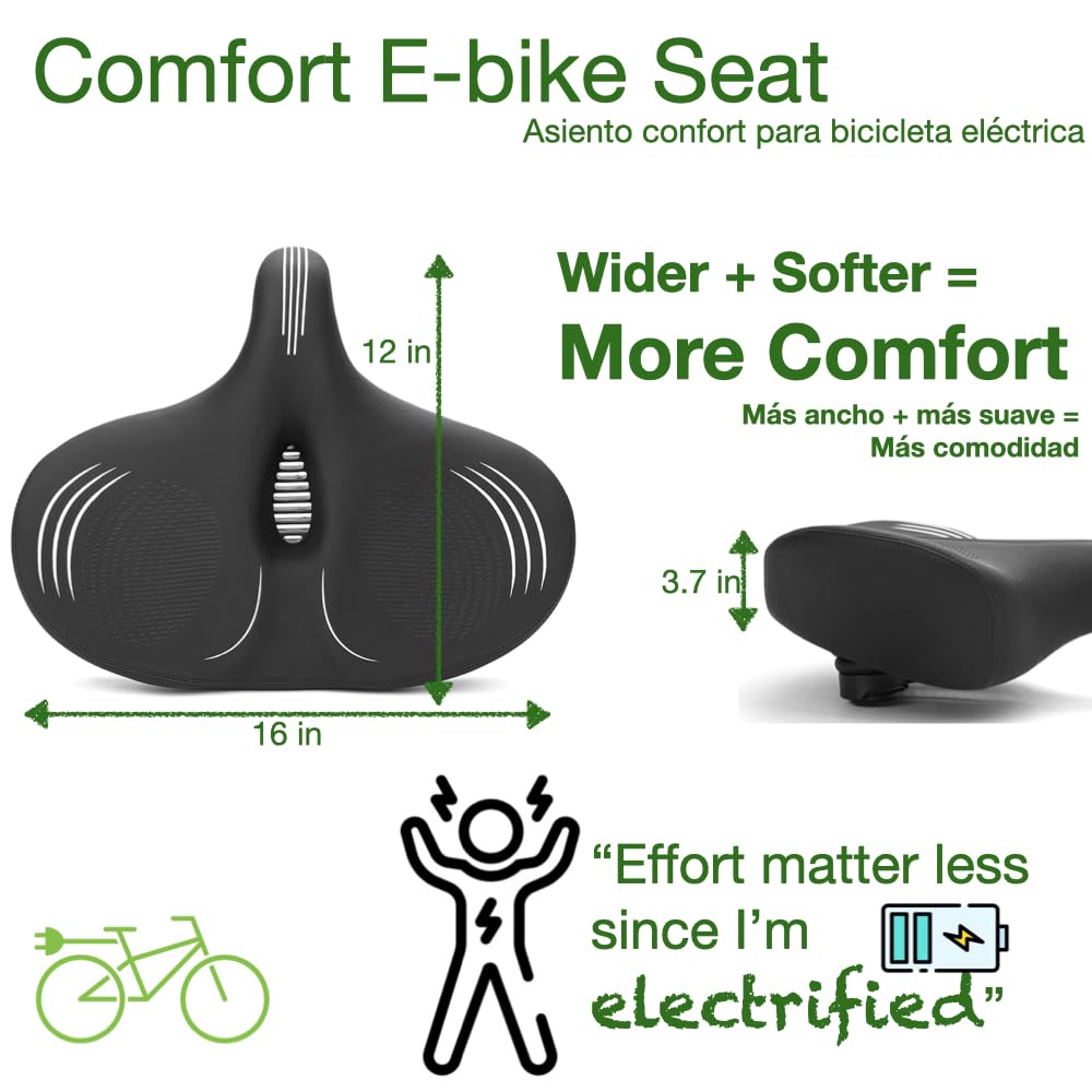 Plus Size Extra Wide E-bike/Electric Bike Seat Comfort Ride, Talla Extra Asientos Para Bicicletas, Ideal as Bicycle Seats for Comfort Men or Women with Extra Comfort Needed.
