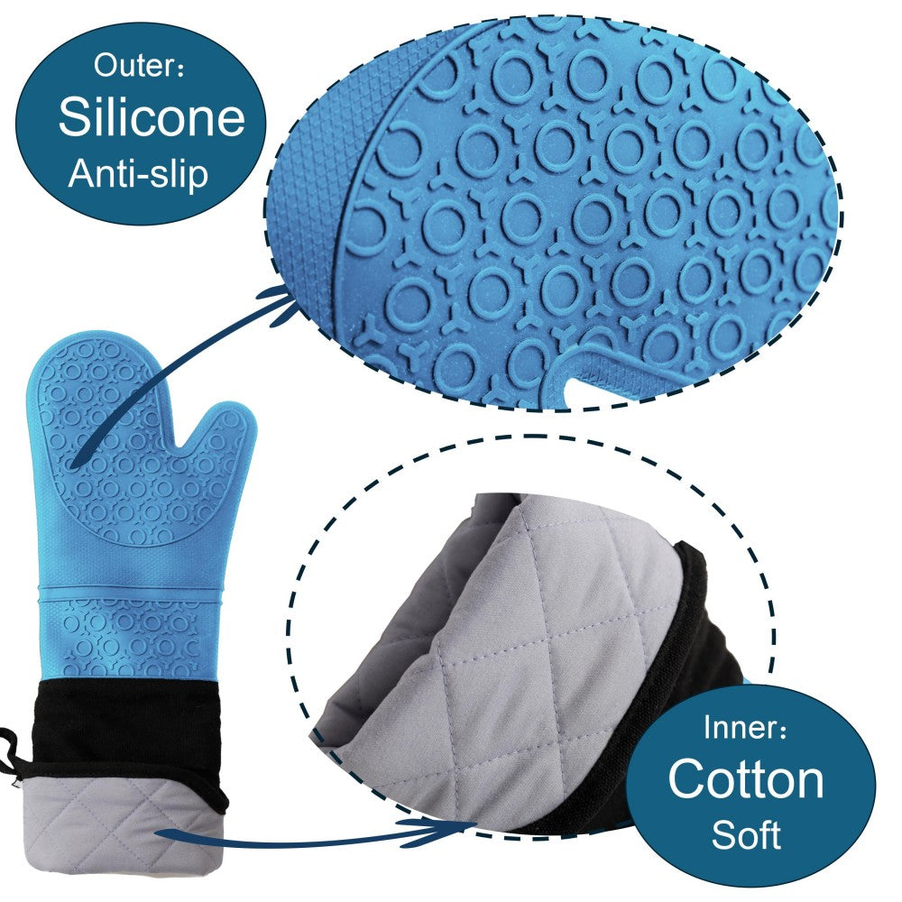 King Mills Extra Long Oven Mitts, 2-Pack, Silicone Heat Resistant to 500¡ãF | Commercial, Heavy Duty, Non-Slip Grip, High Temp Protection for Cooking, Baking & Frying