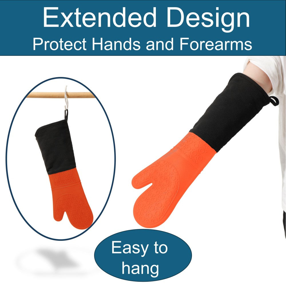 King Mills Extra Long Oven Mitts, 2-Pack, Silicone Heat Resistant to 500¡ãF | Commercial, Heavy Duty, Non-Slip Grip, High Temp Protection for Cooking, Baking & Frying