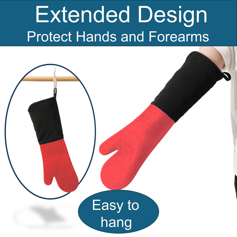 King Mills Extra Long Oven Mitts, 2-Pack, Silicone Heat Resistant to 500¡ãF | Commercial, Heavy Duty, Non-Slip Grip, High Temp Protection for Cooking, Baking & Frying