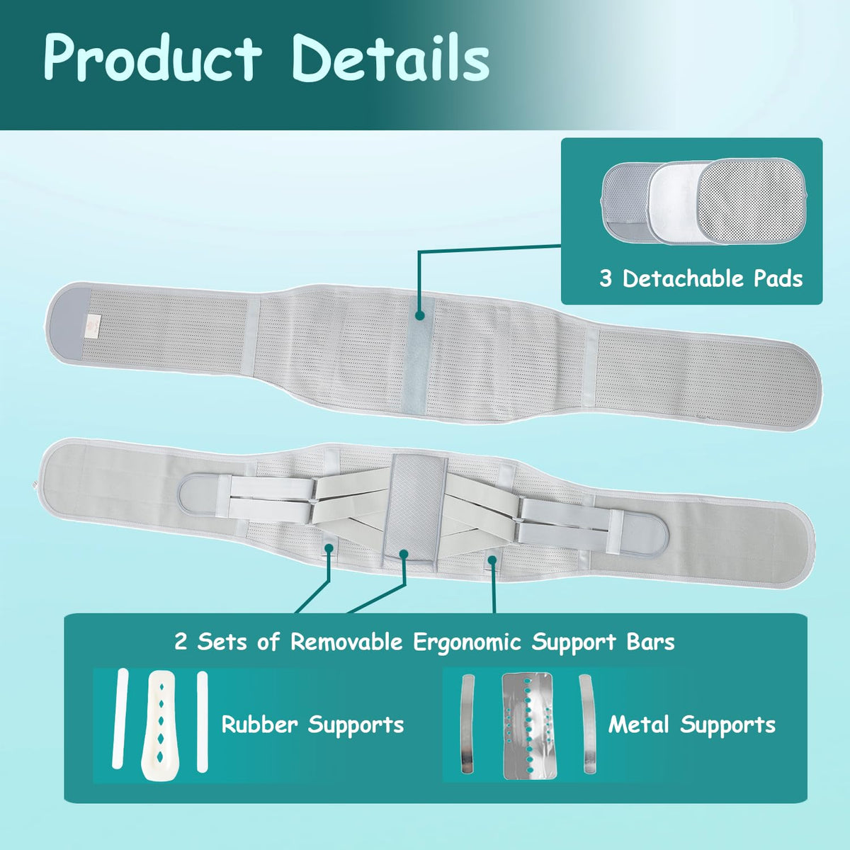 Details, Customizable Dual Stability Panels, Plus Size Lower Back Lumbar Wrap Extended Sizing, Lightweight