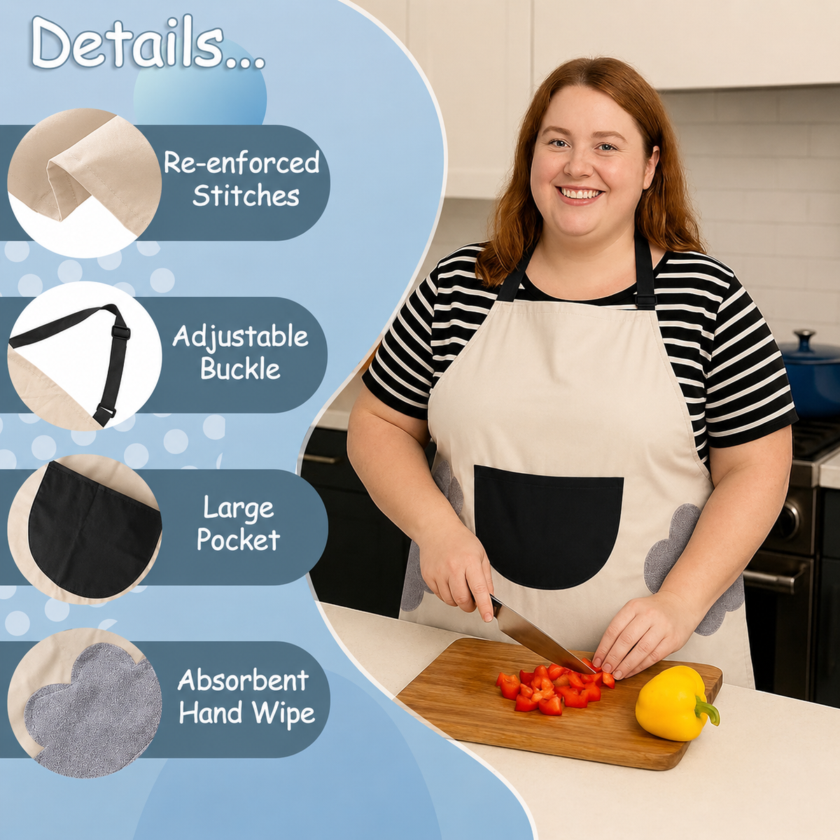 King Mills Plus Size Washable Kitchen Apron, with Pockets, 1pk | Made Extra Large. Dishwashing, Cooking, Easy to Clean, Attached Towel For Handwipe.